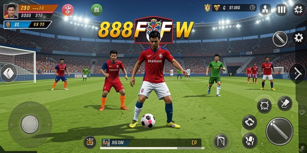 Tampilan gameplay seru dari 888FW yang menampilkan aksi sepak bola nyata.