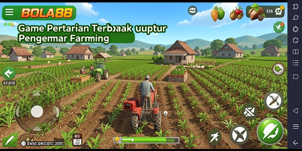 Screenshot gameplay BOLA88 menampilkan aktivitas bertani yang seru.