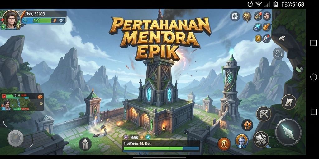 Screenshot menunjukkan menara strategis dengan musuh yang menyerang.