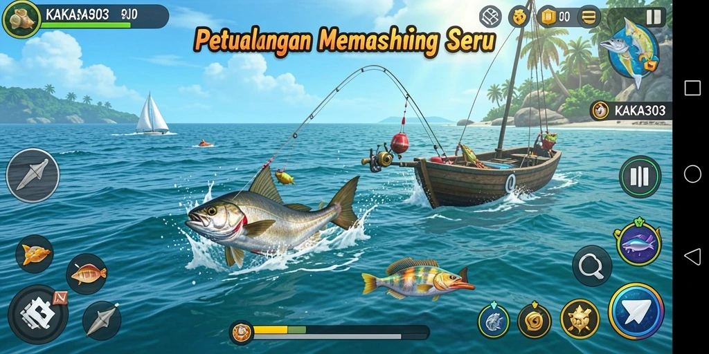 Screenshot menunjukkan pemain menangkap ikan besar di laut biru.