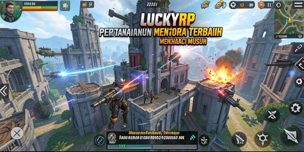 Tampilan gameplay seru LUCKYRP dengan menara dan serangan musuh.