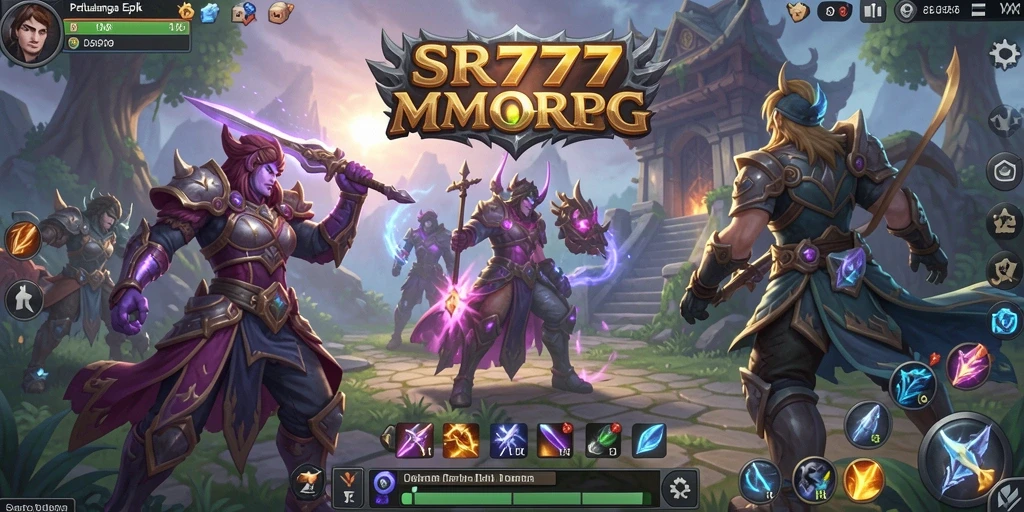 Tampilan gameplay SR777 dengan pertempuran antar karakter dalam dunia epik.
