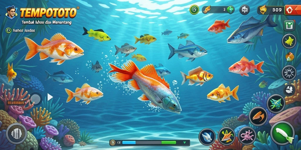 Tampilan gameplay seru dalam TEMPOTOTO saat menembak ikan di bawah laut.