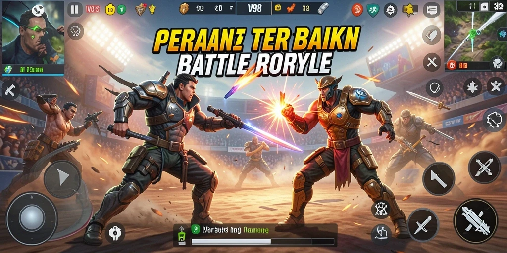 Tampilan gameplay V98 di tengah laga Battle Royale yang intens.