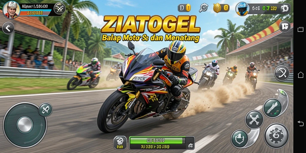 Gameplay ZIATOGEL dengan motor balap yang memacu adrenalin.
